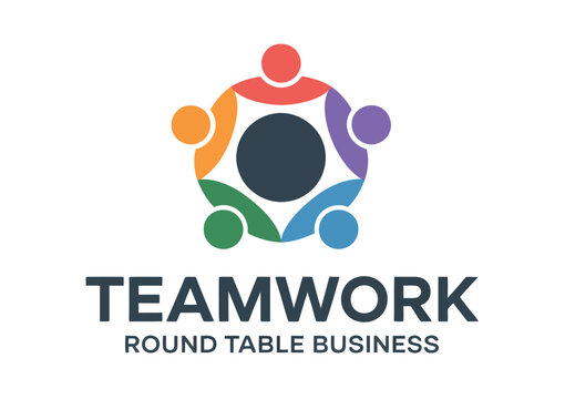 Colorful abstract logo design symbolizing teamwork and cooperation in a business context with the text TEAMWORK ROUND TABLE BUSINESS below.