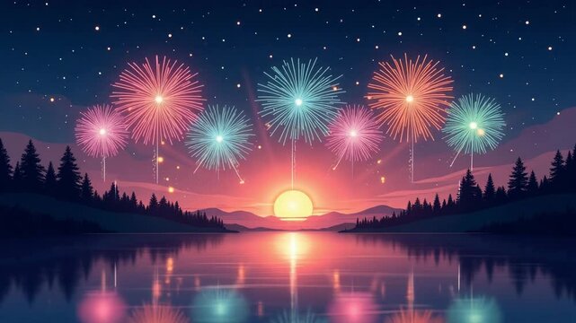 fireworks over the river at dusk