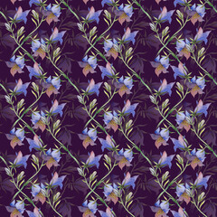 Beautiful seamless pattern with blue wildflowers. Watercolor botanical illustration with bluebells on a dark background. Seamless floral background for wallpaper, textiles and tableware.