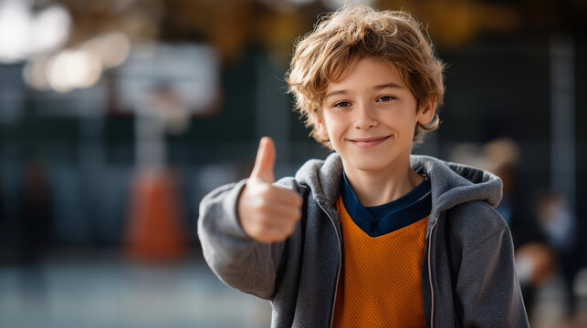 Young youngster enthusiastically playing sports and gesturing approval faceless boy defocused background athletic activity scene physical development moment active play visual