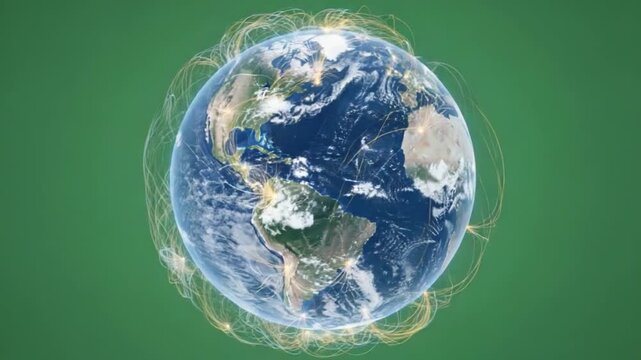 Global Interconnection: A detailed view of planet Earth, highlighted by illuminated energy lines surrounding the globe, emphasizing the intricate web of connections that bind the world together.