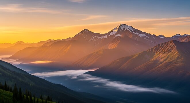 Golden hour paints the cascade mountains with a warm glow over the valley