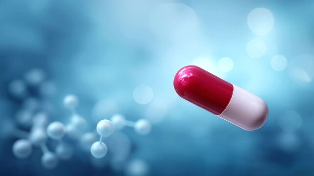 Pills drug research medical science defocused capsule interacts, faceless molecular structure, pharmaceutical visualization detail, blurred blue background, innovation concept, hea