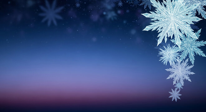 Gradient backdrop with blue and purple hues, featuring several crystalline snowflakes clustered on the top right, symbolizing winter and coolness - Powered by Adobe
