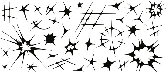 Abstract acid flare, exploding burst effect, sun glare, deformed star shapes. Radial explosion flash, cybersigilism style starburst shapes, comet tail, cosmic glitter sparkle elements vector set © Your Local Llamacorn