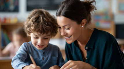 Joyful youngster studies learns plays with educator in classroom faceless child teacher defocused supportive background inclusive education environment happy special needs scho