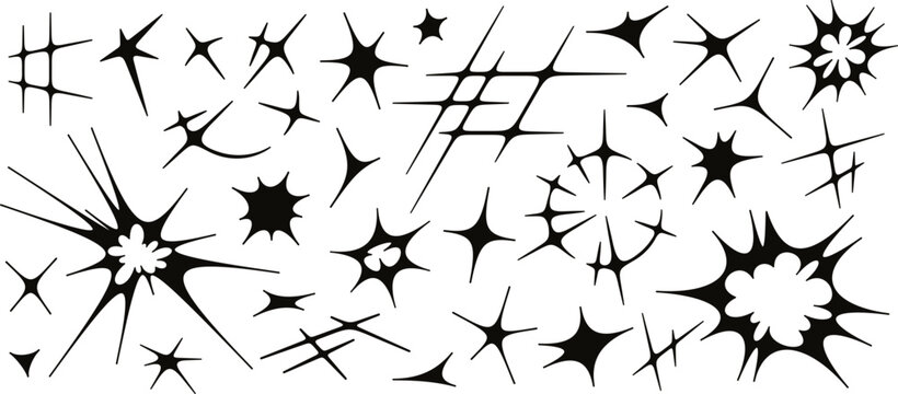 Abstract acid flare, exploding burst effect, sun glare, deformed star shapes. Radial explosion flash, cybersigilism style starburst shapes, comet tail, cosmic glitter sparkle elements vector set