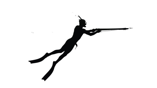 Silhouette of Spearfishing Diver in Wetsuit with Snorkel and Speargun Aiming Forward, Dynamic Underwater Hunting Pose, Minimalist Vector Art, Graphic Icon, isolated on white background
