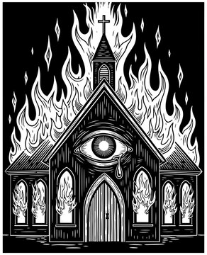 Gothic illustration of a burning church with a weeping eye on its facade, symbolizing destruction and spiritual turmoil