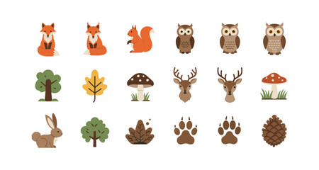 Fototapeta premium Cute woodland animal cartoon icons set with forest elements in flat style