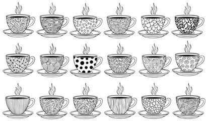 Collection of handdrawn steaming coffee cups with diverse patterns and designs