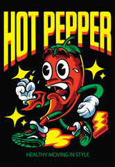 Cartoon Hot Pepper Character Running with Exaggerated Expression