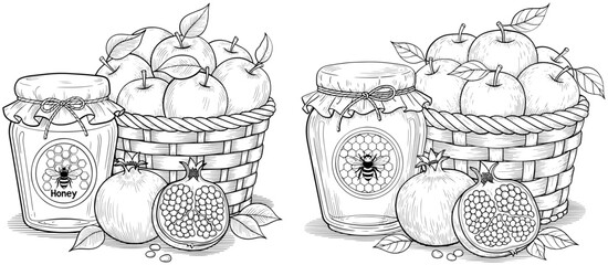 Hand drawn rosh hashanah symbols honey jar, apples in basket, and pomegranates