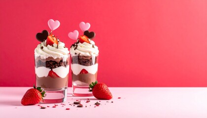 ハート飾りと苺の層状デザート｜バレンタイン・春・背景・広告に使える高解像度イメージ
