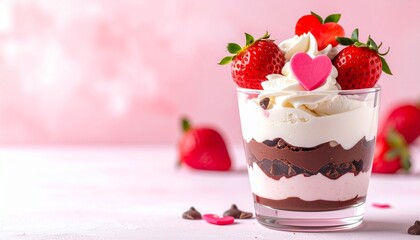 ハート飾りと苺の層状デザート｜バレンタイン・春・背景・広告に使える高解像度イメージ
