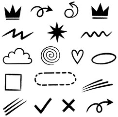 Set of hand drawn doodle elements with crowns, arrows, stars, hearts, clouds, and various shapes
