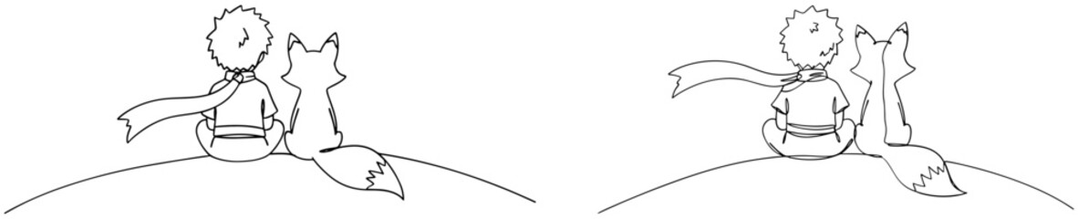 Minimalist line drawing of a small figure and a fox sitting on a hill, one pointing, symbolizing friendship, white