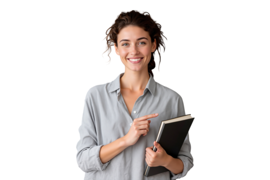 Smiling female teacher in a grey striped shirt, isolated on transparent background - Powered by Adobe
