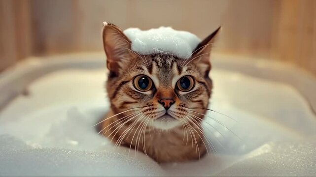A fluffy cat sits in a bathtub filled with bubbles, wearing a playful foam crown. The warm lighting creates a peaceful atmosphere, making it a relaxing moment for the pet.