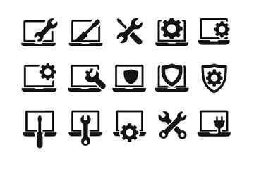 Set of computer repair and maintenance icons with tools and gear symbols