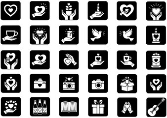 Fototapeta premium A diverse collection of black and white icons representing love, care, peace, celebration, hobbies, and everyday objects