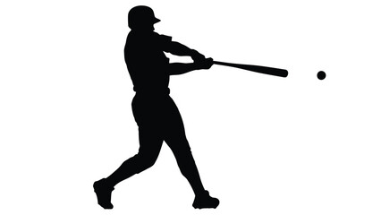 Obraz premium Black silhouette of a baseball batter wearing a helmet swinging a bat to hit a small ball, dynamic sports action graphic, flat vector art design, isolated on white background