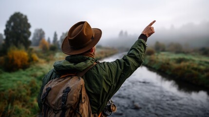 Man hiking in nature, pointing towards river, wearing camouflage clothing, holding binoculars, standing near stream, in foggy forest.