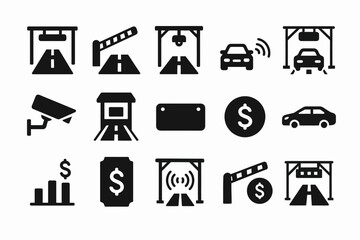Toll booth and payment icons - black and white symbol set