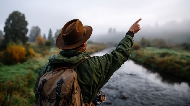 Man hiking in nature, pointing towards river, wearing camouflage clothing, holding binoculars, standing near stream, in foggy forest.