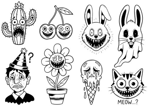 Collection of creepy and quirky black and white cartoon characters, including a cactus, cherries, and bunnies