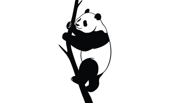 Black and white stylized panda bear clinging tightly to a thin tree branch, simple graphic silhouette, clean vector art, logo design, isolated on white background