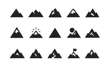 Mountain icon set: minimalist black silhouettes of peaks and summits