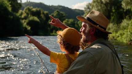 Father and son fishing together in a boat on a river.