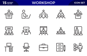 Workshop line icon set. Business Workshop icons for web and mobile app. Containing team building, teamwork, coaching, meeting, motivation. Thin outline icons pack. Vector illustration