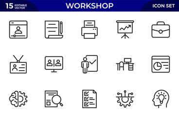 Workshop line icon set. Business Workshop icons for web and mobile app. Containing team building, teamwork, coaching, meeting, motivation. Thin outline icons pack. Vector illustration
