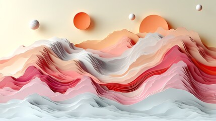 Layered paper landscape with vibrant undulating terrain in pinks oranges and cool white under twin suns