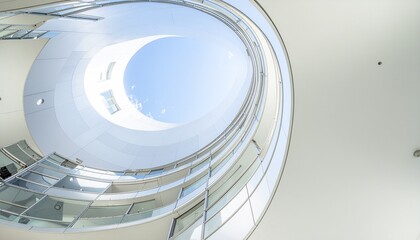 Low angle view looking up through the circular atrium of a modern building towards a bright blue sky.
