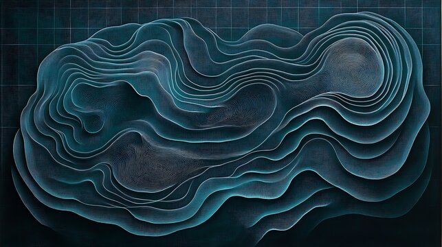 Intricate white contour lines form a dense topographical map like pattern on a dark teal grid