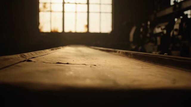 Empty workbench with window, warm sunlight in vintage workshop
