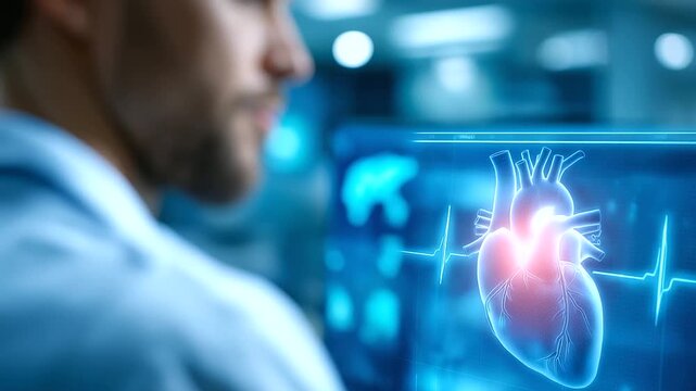 Medical heart monitoring futuristic laboratory defocused background copyspace, faceless cardiac technology, health visualization detail, blurred blue setting, medical concept, moni
