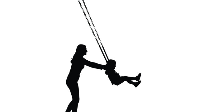 Silhouette of mother pushing happy child on swing set chains, joyful outdoor playtime activity, simple black vector art design, isolated on white background