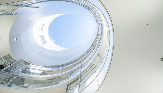 Low angle view looking up through the circular atrium of a modern building towards a bright blue sky. - Powered by Adobe