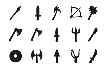 Fototapeta premium Collection of medieval weapon silhouettes: axes, swords, spears, bows, daggers, shields