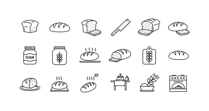 Minimalist bread and baking icons: simple and modern kitchen symbols