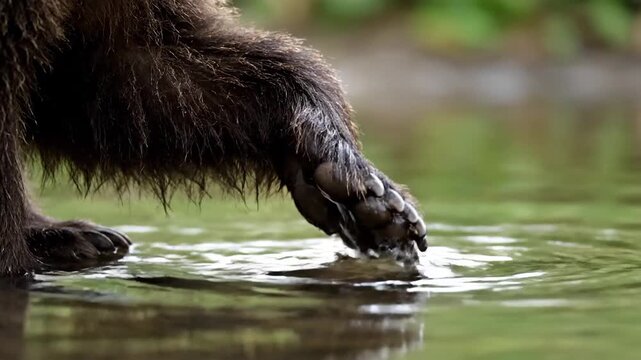 Brown bear paws in water; water dripping from the paw
