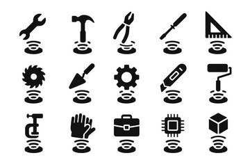 Obraz premium Set of 16 construction and repair tool icons in black and white design