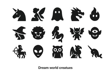 Naklejka premium Silhouette icons of fantasy creatures and mythical beings