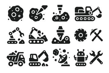 Space exploration icons: robots, rovers, drills, satellites, and tools