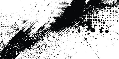 Naklejka premium Halftone splattered dots overlay in monochrome clay digital design. Black and white abstract brush strokes with dots and grunge texture creating urban distressed composition.