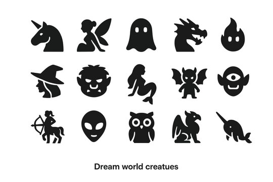 Silhouette icons of fantasy creatures and mythical beings